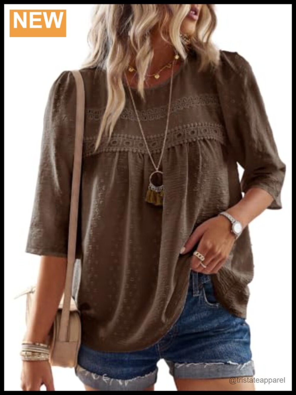 Flowy Boho Crochet Crew Neck 3/4 Sleeve Blouse